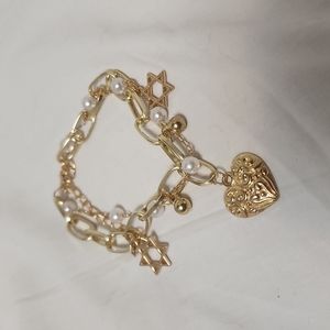 Heart and Star of David Gold Pearl Bracelet